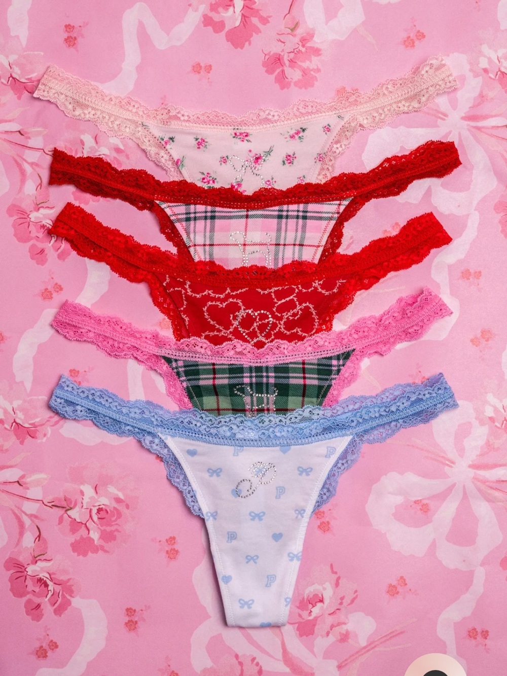 Assorted Lace-Trim Thong Set - Pink, Red, Green, Blue, Cream